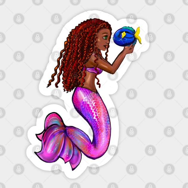 African American mermaid with flowing red locs and blue tang fish, Afro hair and caramel brown skin. Black mermaids Sticker by Artonmytee